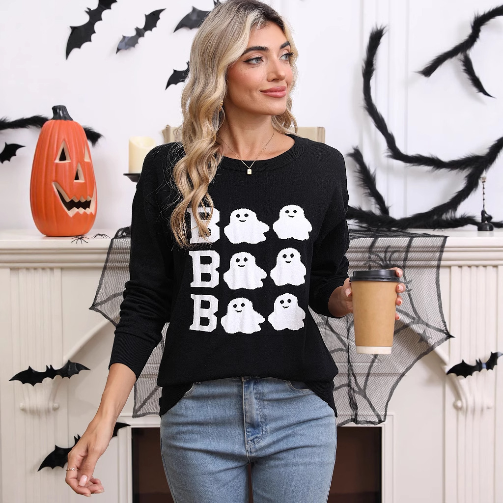 Halloween embroidery casual round neck long sleeved top with Halloween elements - Image 4