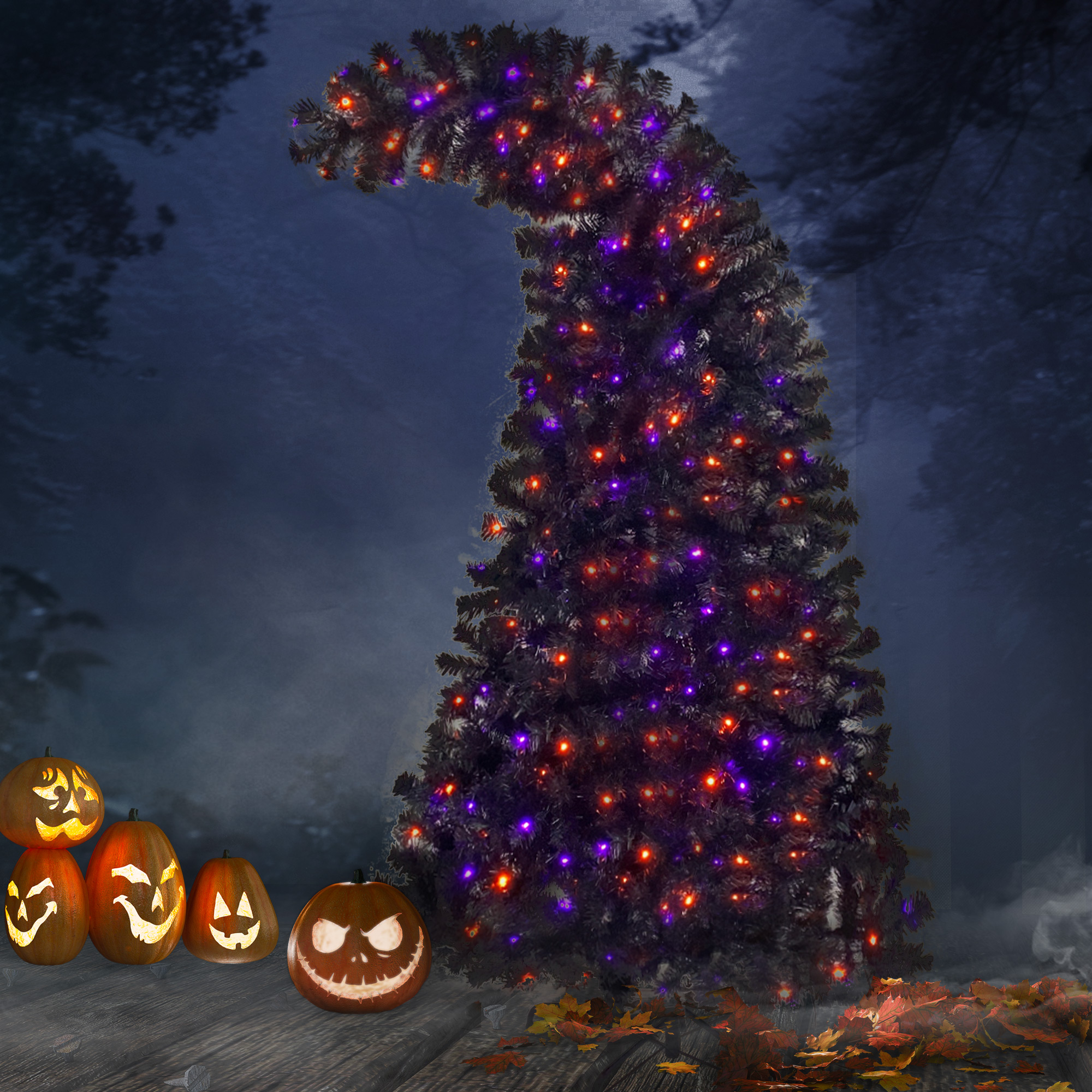 6FT artificial fir curved top Halloween tree, with 1080 lush branch tips and 300 LED lights in a Christmas and Halloween style - Image 12