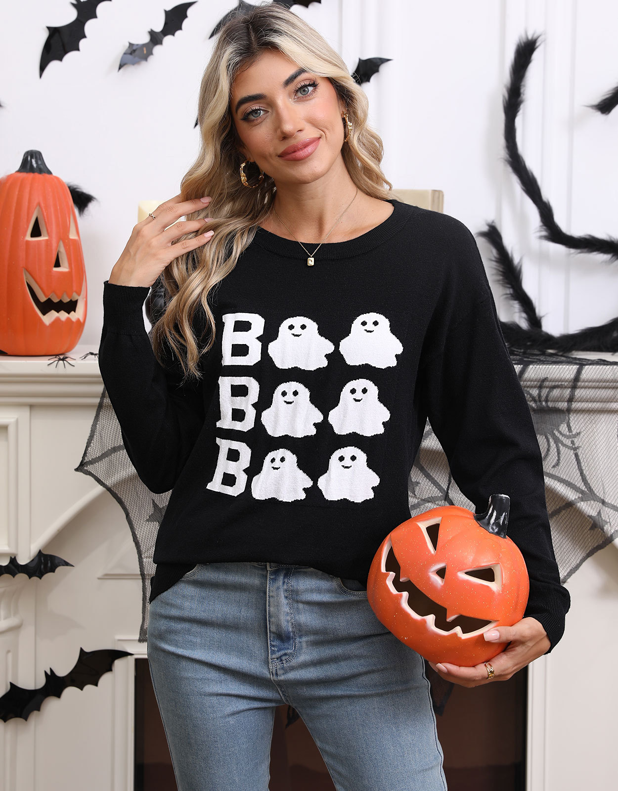 Halloween embroidery casual round neck long sleeved top with Halloween elements - Image 6