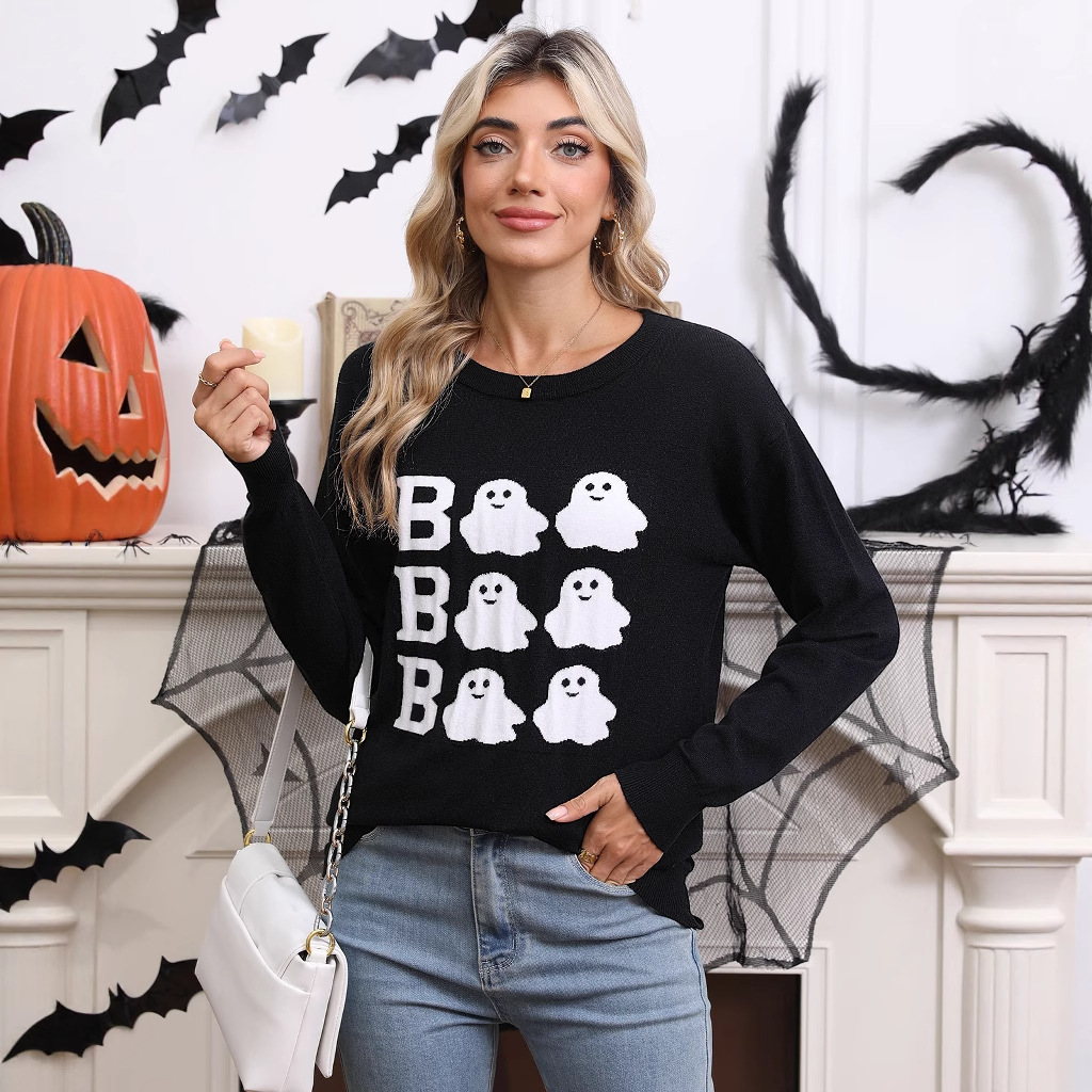 Halloween embroidery casual round neck long sleeved top with Halloween elements - Image 2