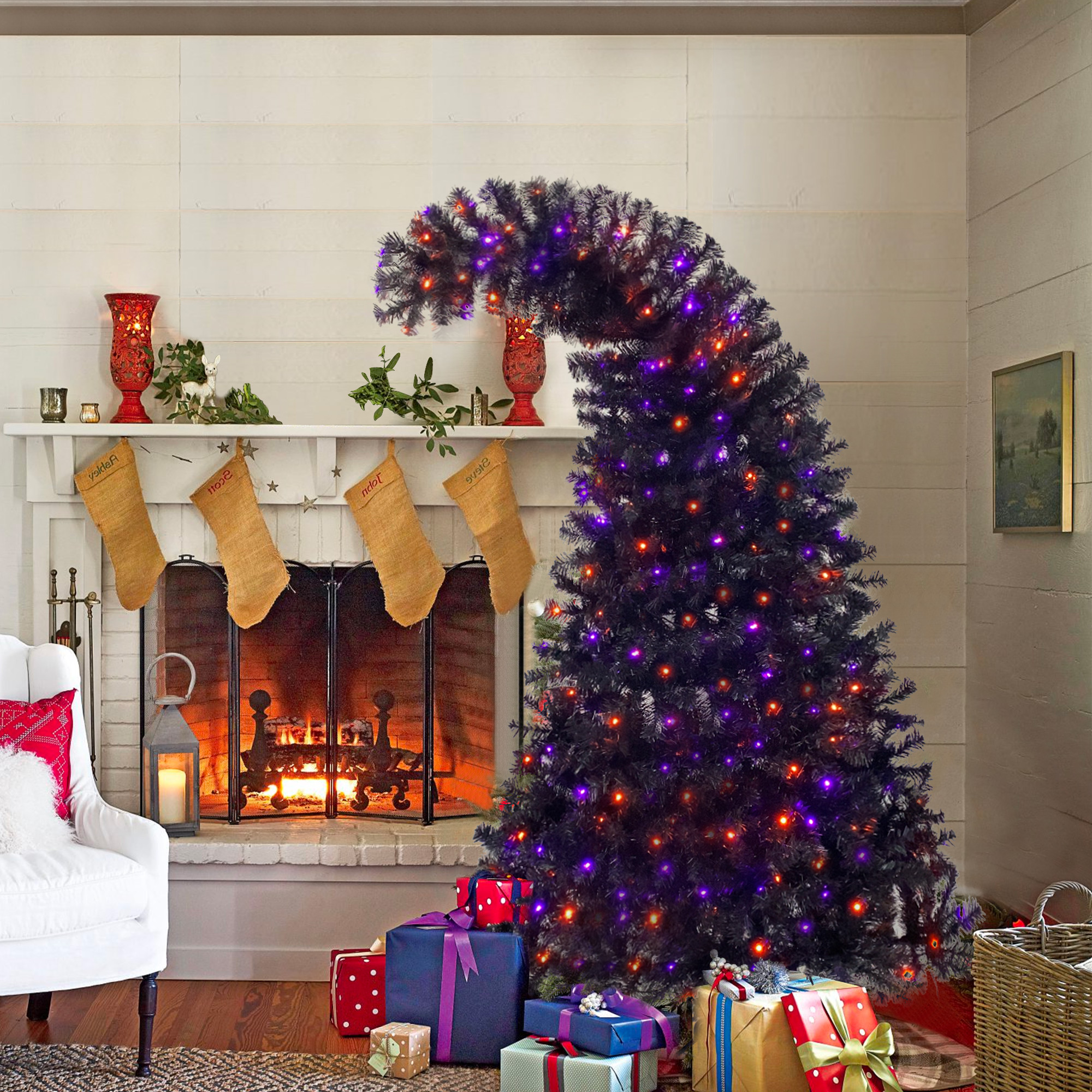 6FT artificial fir curved top Halloween tree, with 1080 lush branch tips and 300 LED lights in a Christmas and Halloween style - Image 2