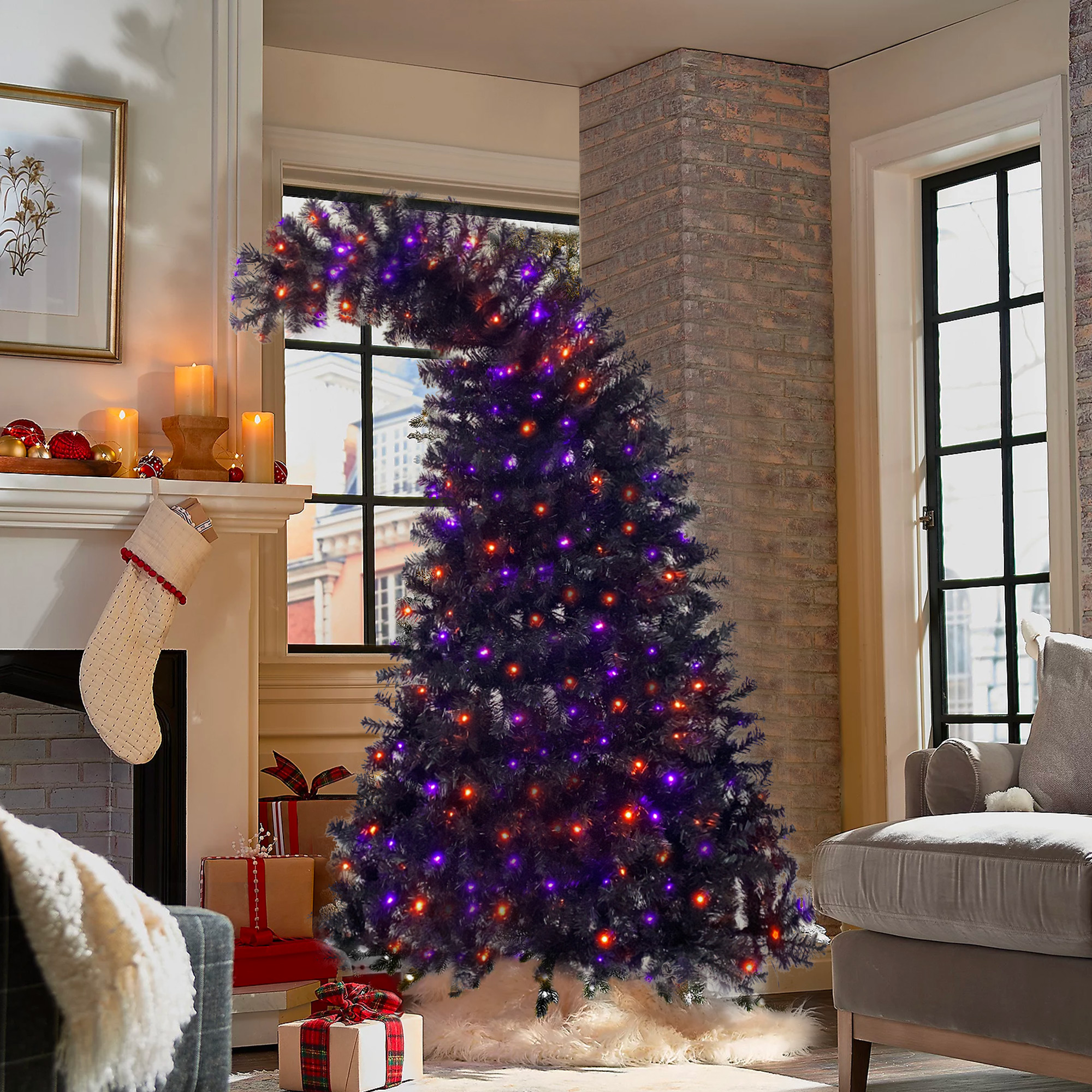 6FT artificial fir curved top Halloween tree, with 1080 lush branch tips and 300 LED lights in a Christmas and Halloween style - Image 4