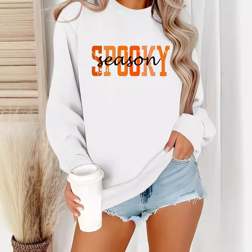 Long sleeved round neck SPOOKY printed pullover sweatshirt sweatshirt - Image 3